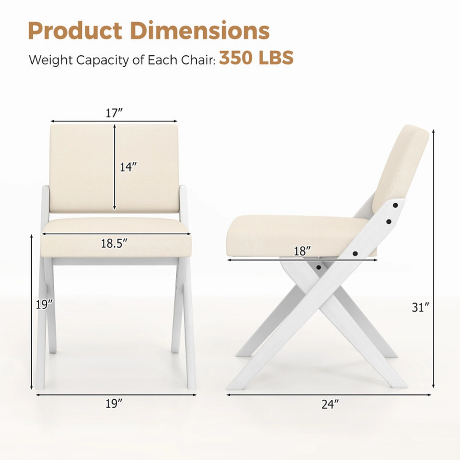 SUGIFT Rubber Wood Frame Wooden Dining Chairs with Padded Cushions 350-lb Capacity White Set of 2