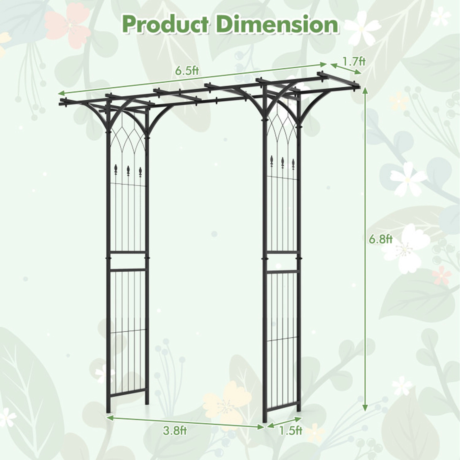 SUGIFT 6.8-ft Black Metal Climbing Plant Garden Arbor Arch Trellis with Flat Roof and 4 Ground Stakes