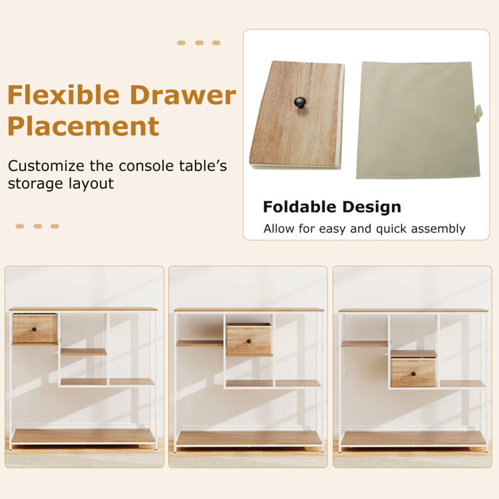SUGIFT 4 Open Shelves Fabric Drawer Metal Frame Behind Sofa Console Table 40-in x 14-in x 38-in 88-lb Capacity Natural