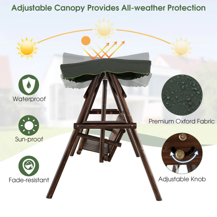 Hivvago 2-Person Outdoor Wooden Porch Swing With An Adjustable Canopy