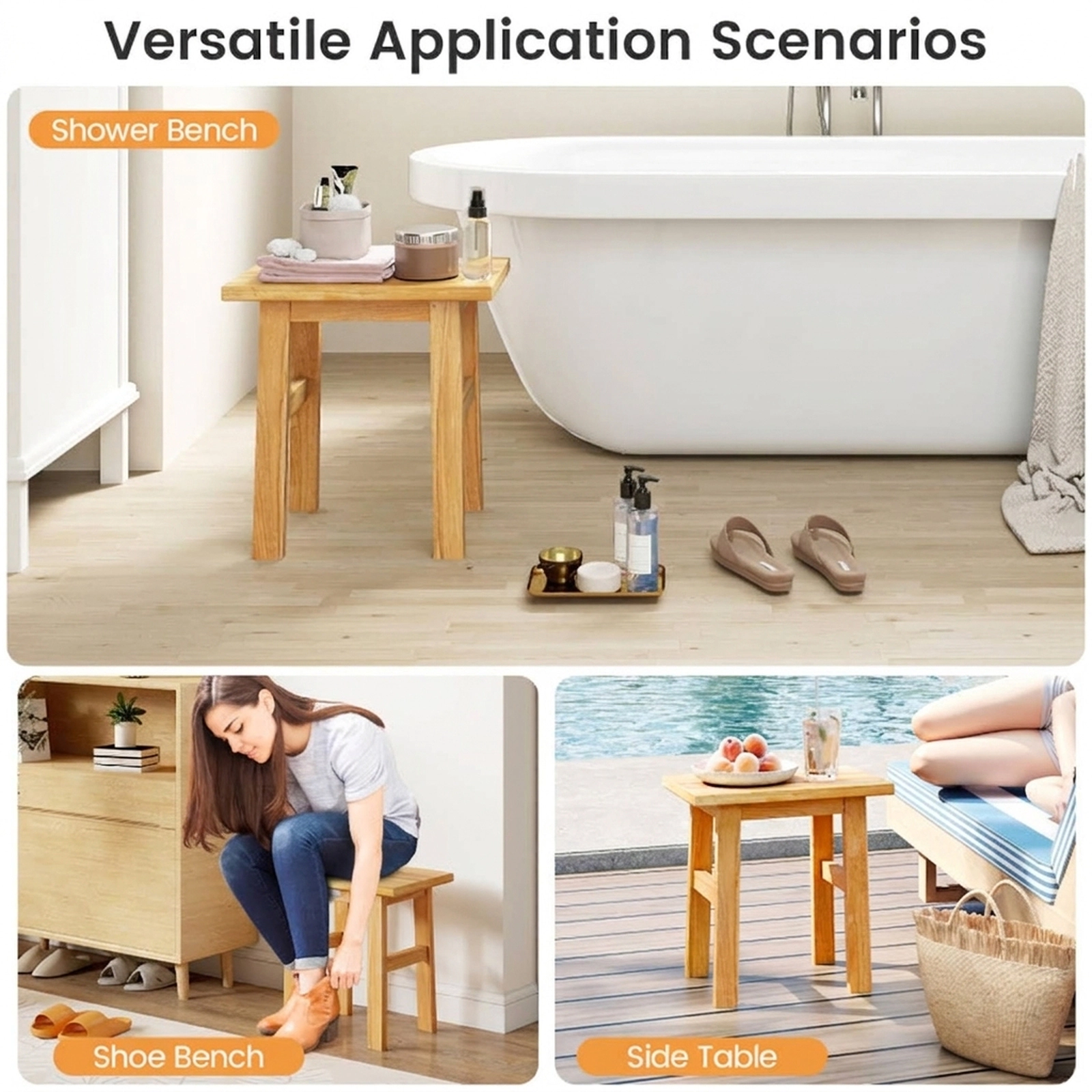 SUGIFT Reinforced Crossbars Water Resistant Solid Teak Spa Shower Bench 18-in x 12-in x 18-in 264-lb Capacity Natural