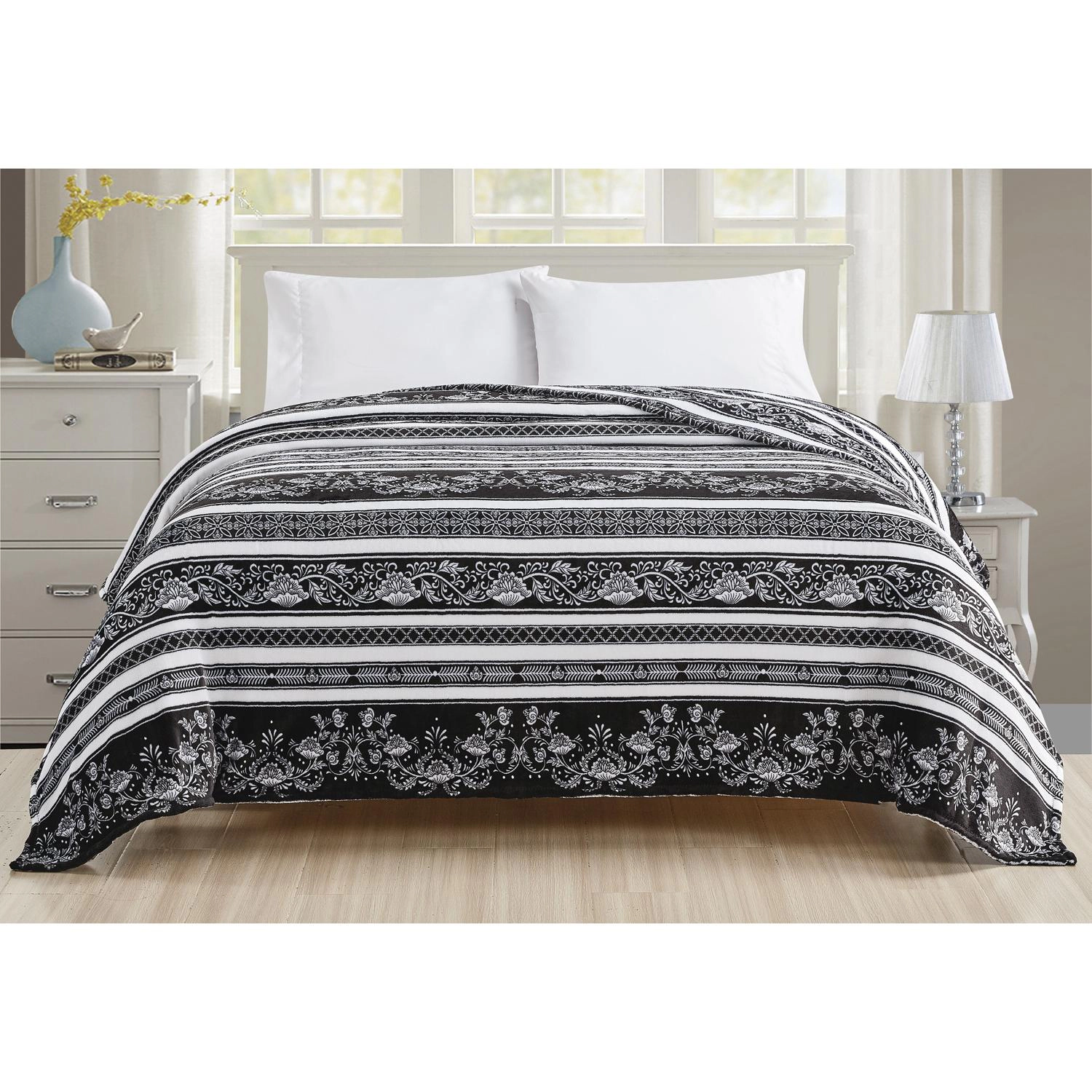 Plazatex Odelia Printed Luxurious Ultra Soft Lightweight Bed Blanket 90" x 90" Black & White