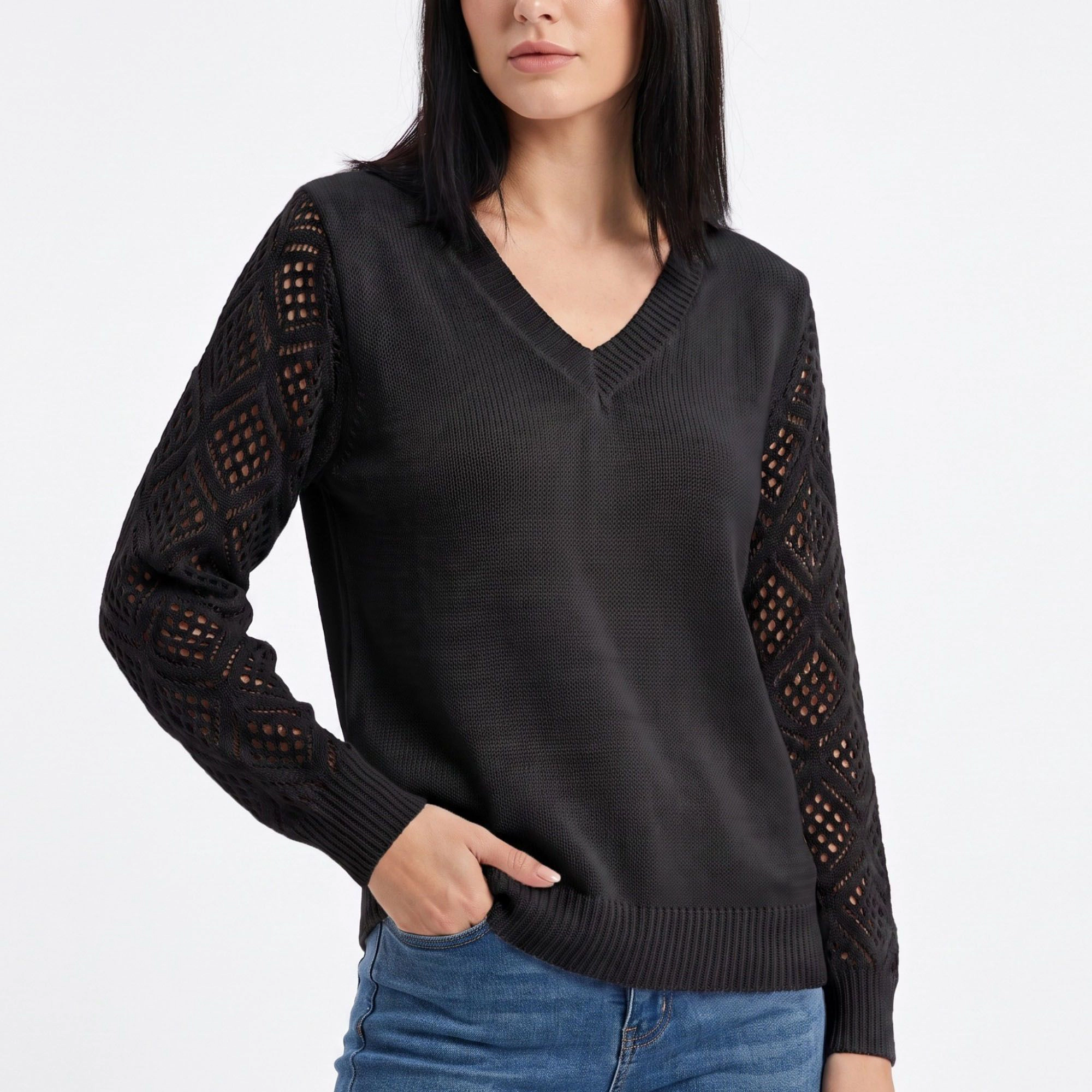 Anna-Kaci Women's V-Neck Openwork Sleeve Long Knit Sweater