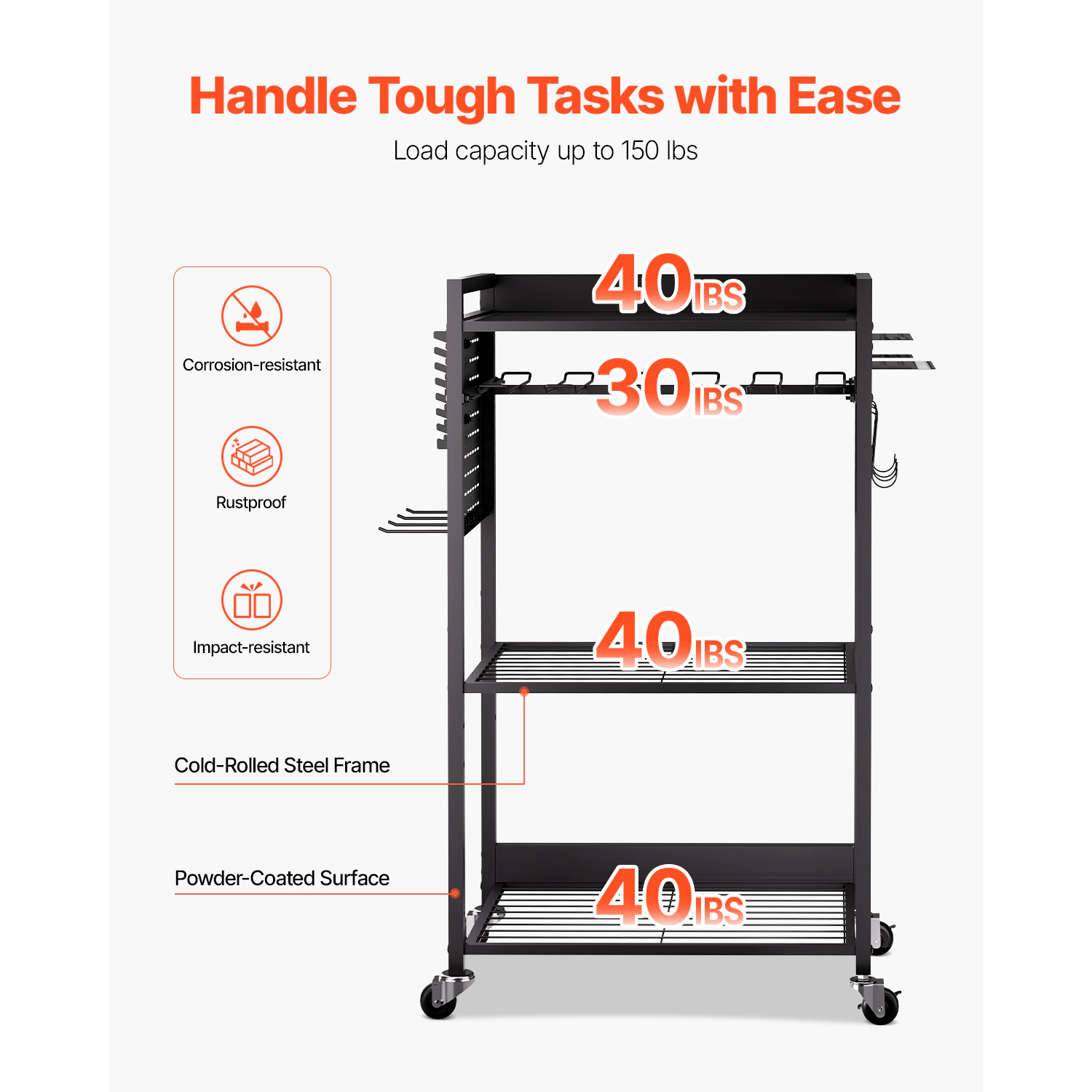 HONGGE 4-Tier Tool Organizer Cart with 10-Slot Drill Holder, 150 lbs Capacity, Rolling Steel Rack, Black