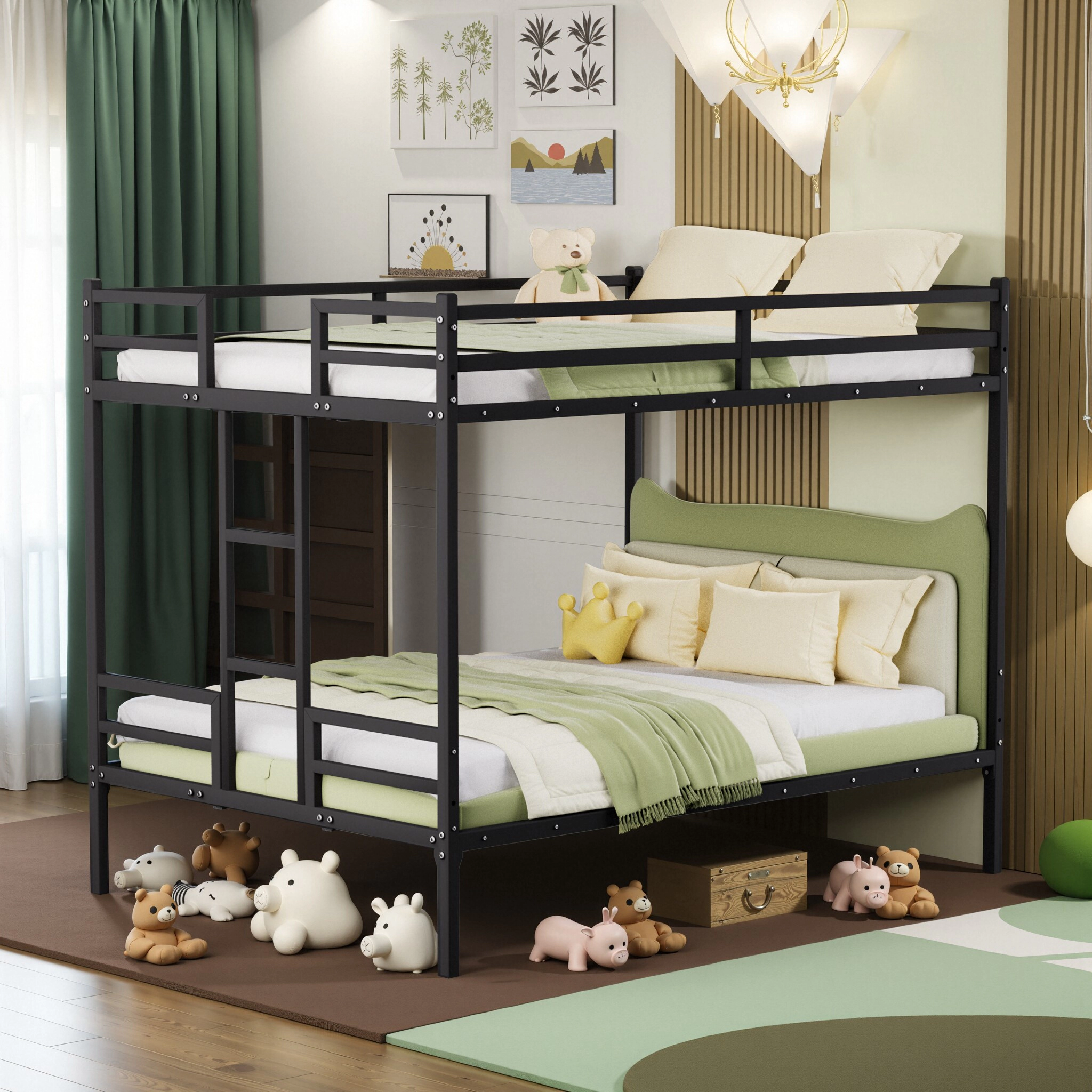 Flynama Queen Bunk Bed with Full-Length Guardrail & Ladder, Metal Frame, Black