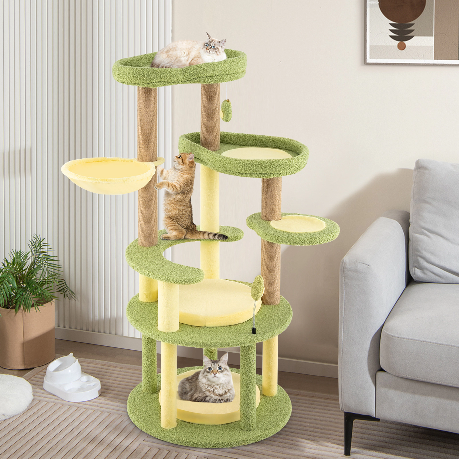 SUGIFT Multi-level Avocado Theme Cat Tree Tower with Wide Perch and Rotatable Basket 51-in Tall Multi-color Green