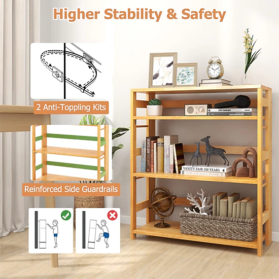 Hivvago 4-Tier Rubber Wood Bookshelf with Side Fences for Living Room