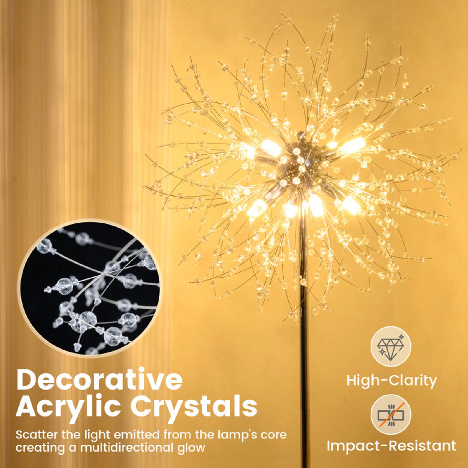 SUGIFT 63-in Dandelion Acrylic Crystal Floor Lamp with Foot Switch Weighted Base and 6.9-ft Cord