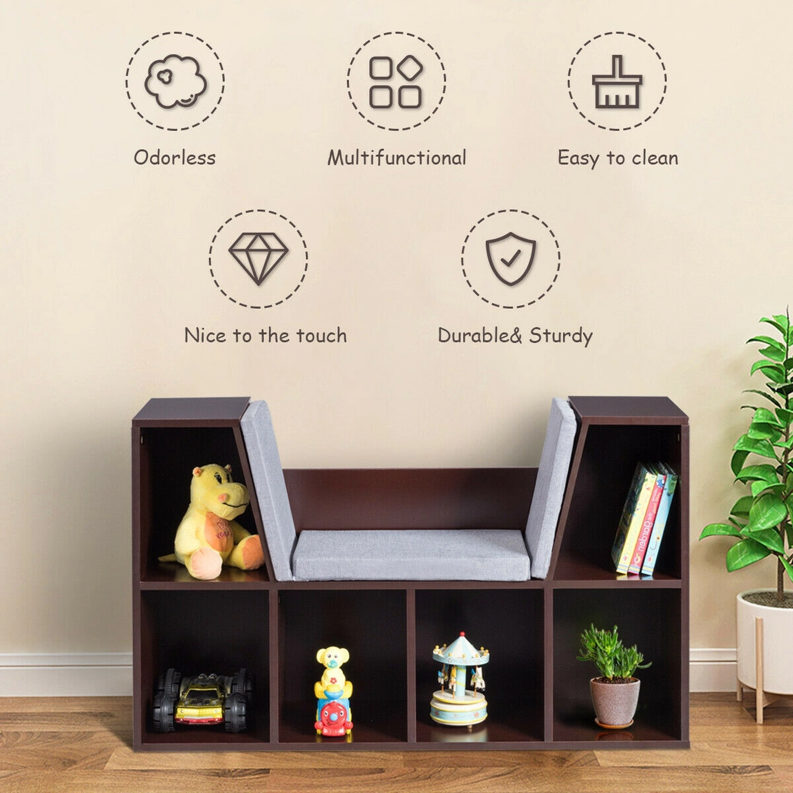 SUGIFT 6-Cubby Kid Storage Bookcase with Cushioned Reading Nook 110-lb Capacity Brown