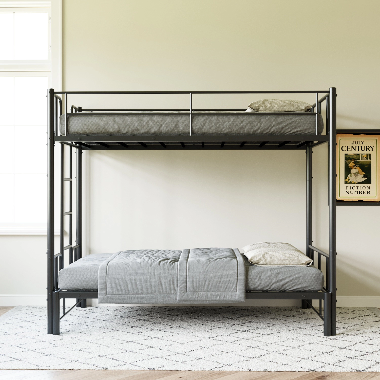 Flynama Twin Metal Pull-Out Bunk Bed with Guardrail & Ladder, Space Saving, Black