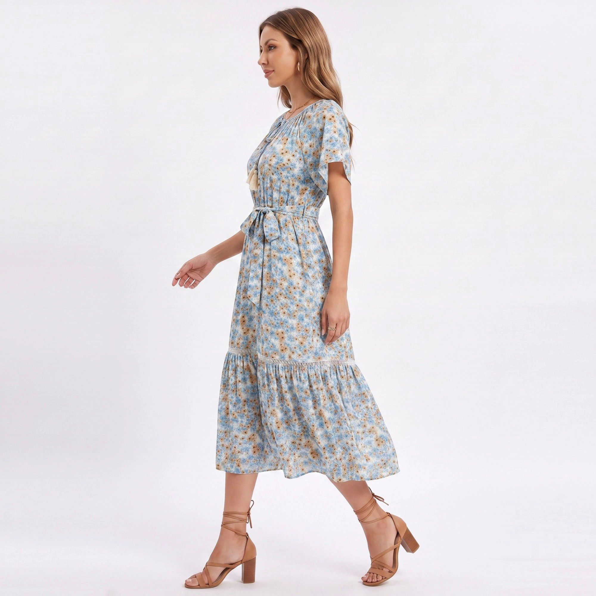 Anna-Kaci Women's Floral Print Tie Neck Short Flutter Sleeves Belted Waist Tiered Hem Midi Dress
