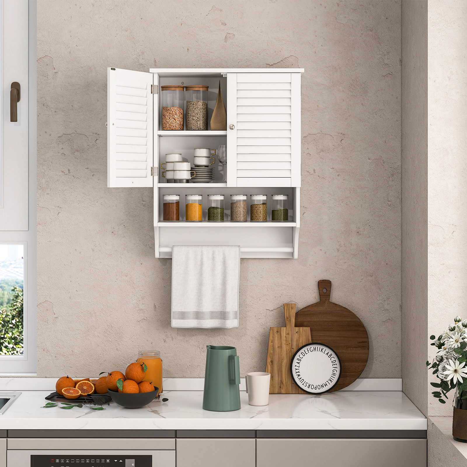 Slickblue Wall Mounted Bathroom Cabinet White MDF Adjustable Shelf Towel Bar