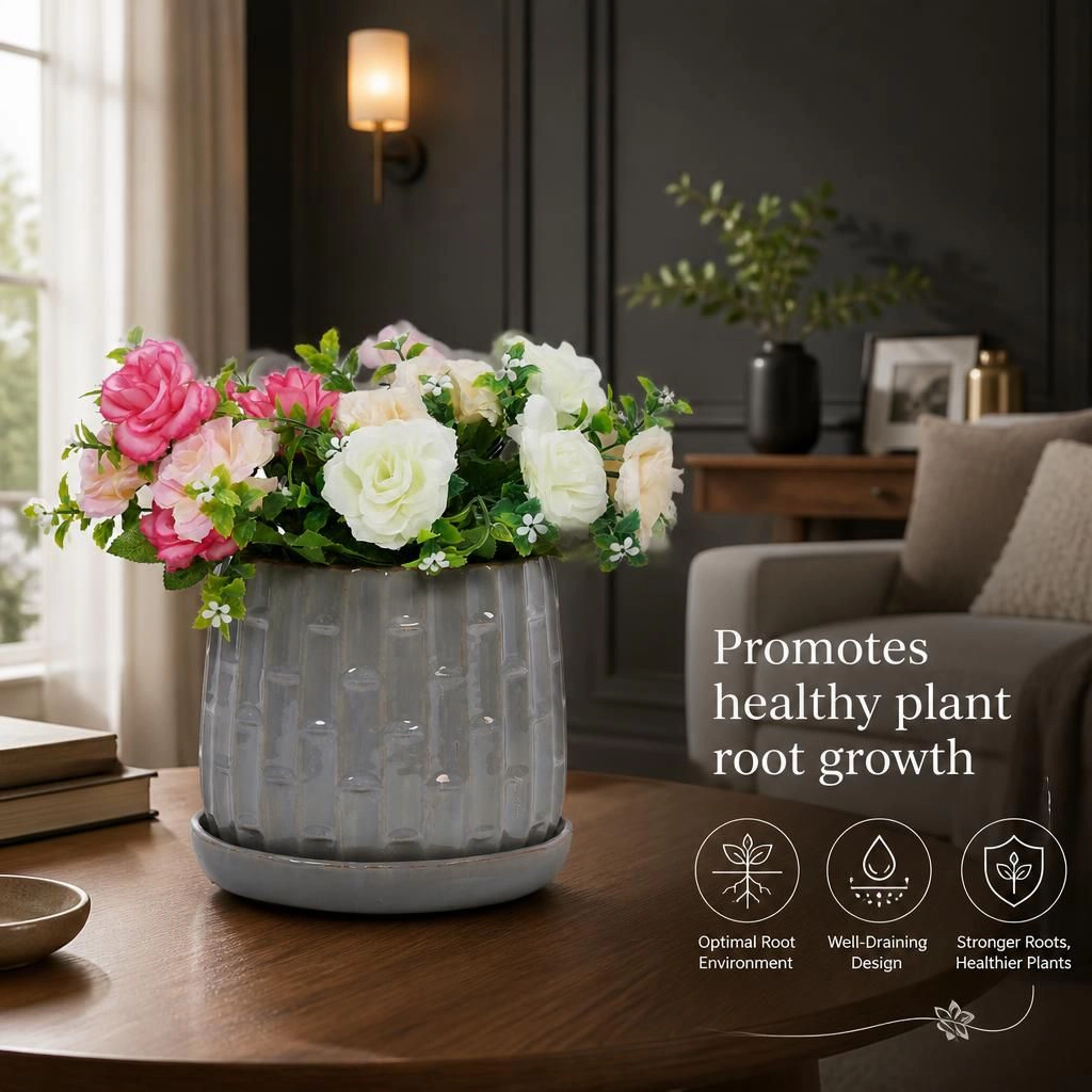 WOW PIONEER Round Solid Ceramic Planter Pot for Flowers Herbs Succulents Patio Balcony Home Decor
