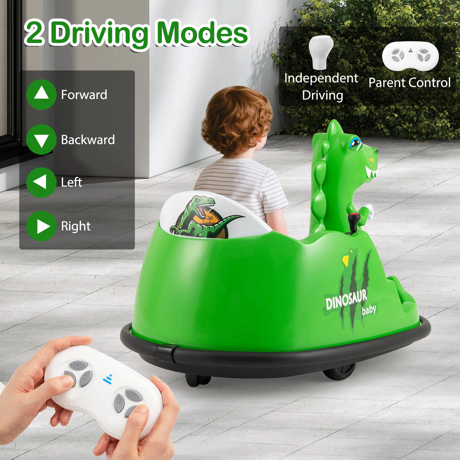 12V Kids Ride On Bumper Car Mist Spray Flashing Lights 360-Degree Spin Twin Control Levers Ages 2-5 Green