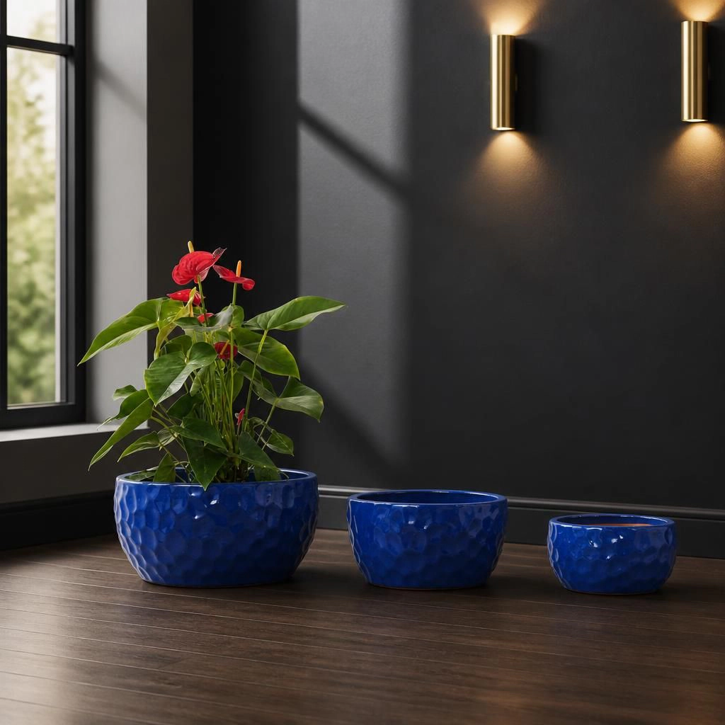 WOW PIONEER Round Solid Ceramic Planter Pot for Flowers Herbs Succulents Small Veg Garden Patio Balcony Indoor