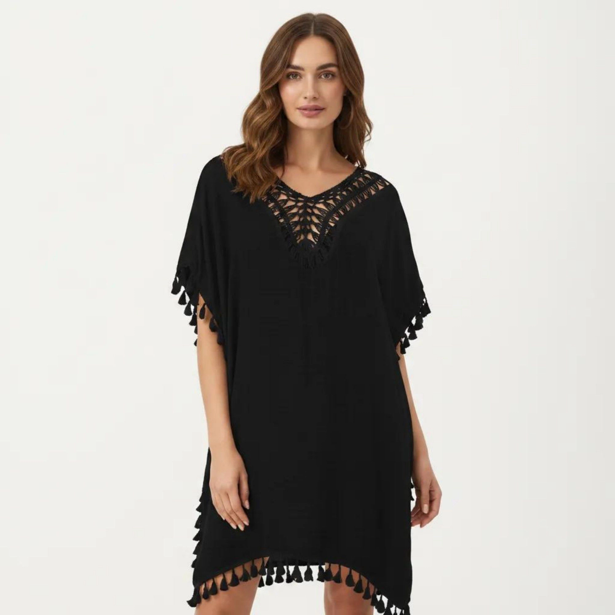 Anna-Kaci Women's Sheer Crochet V Neck Swim Cover Up Poncho with Tassel Trim and Flowy Silhouette