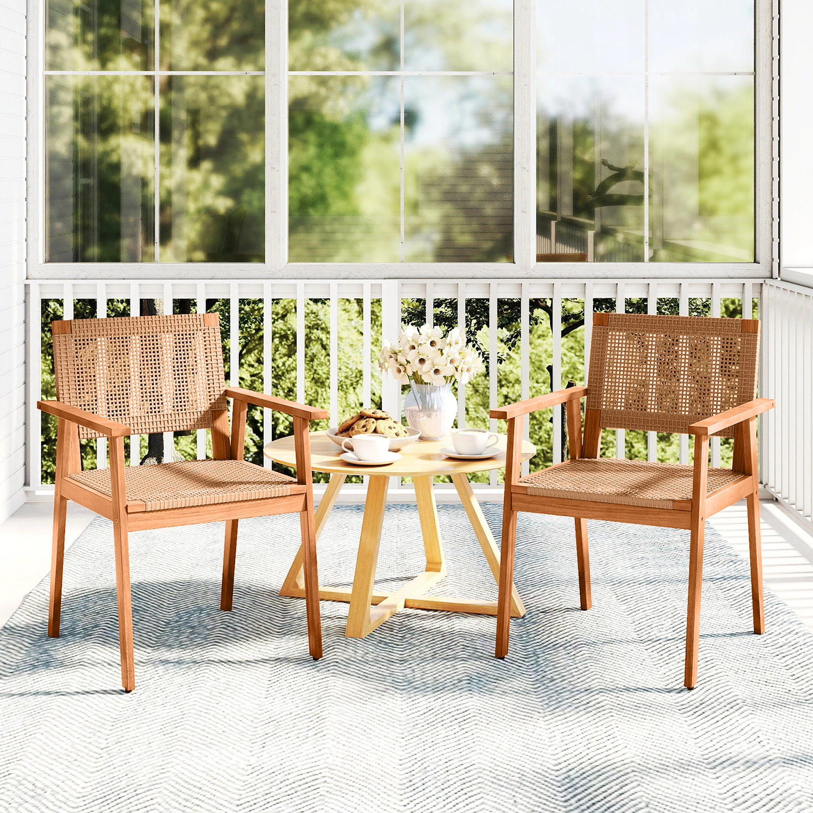 LJG Acacia Wood Outdoor Dining Chairs Set of 2 PE Rattan Patio Chairs with Backrests and Armrests