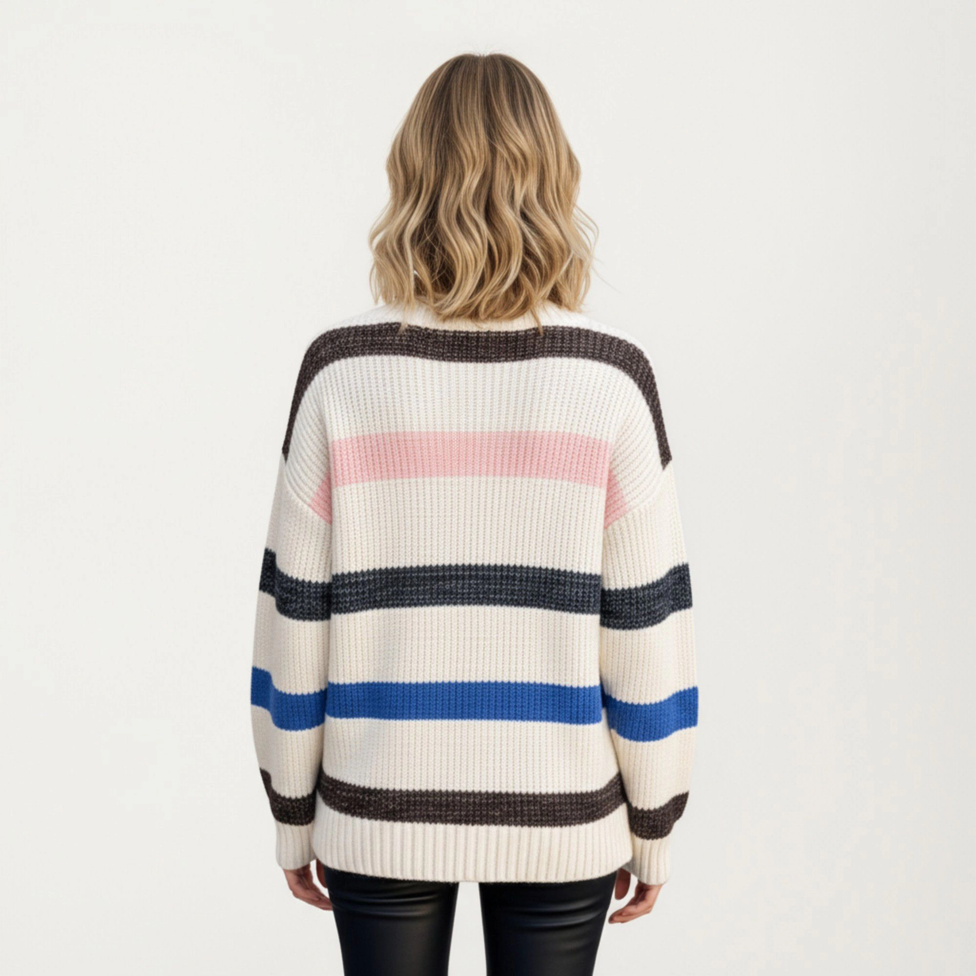 Anna-Kaci Women's Striped V-Neck Rib Knit Pullover Sweater