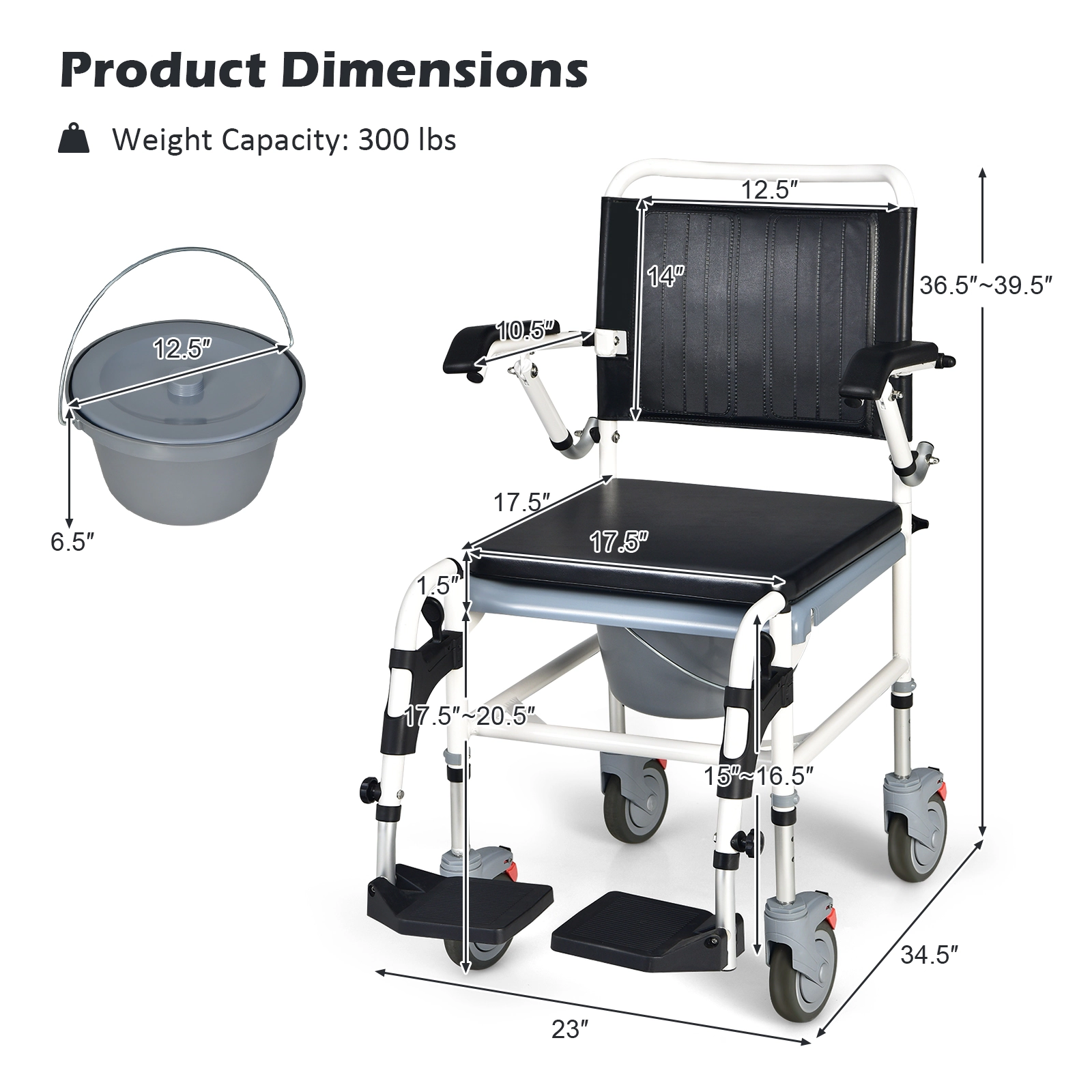 SUGIFT 300-lb Capacity 4-in-1 Bedside Commode Wheelchair with Detachable Bucket Lid and Locking Wheels
