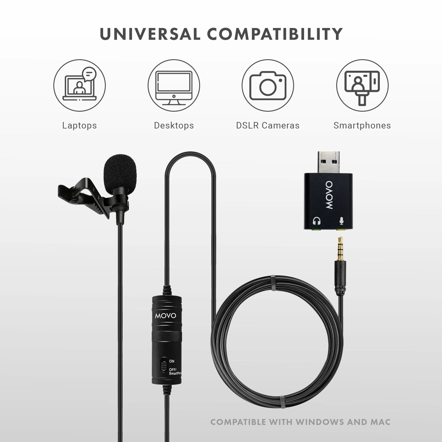 Movo Universal USB Computer Microphone with USB Adapter Compatible with Laptop PC and Mac Smartphones Cameras