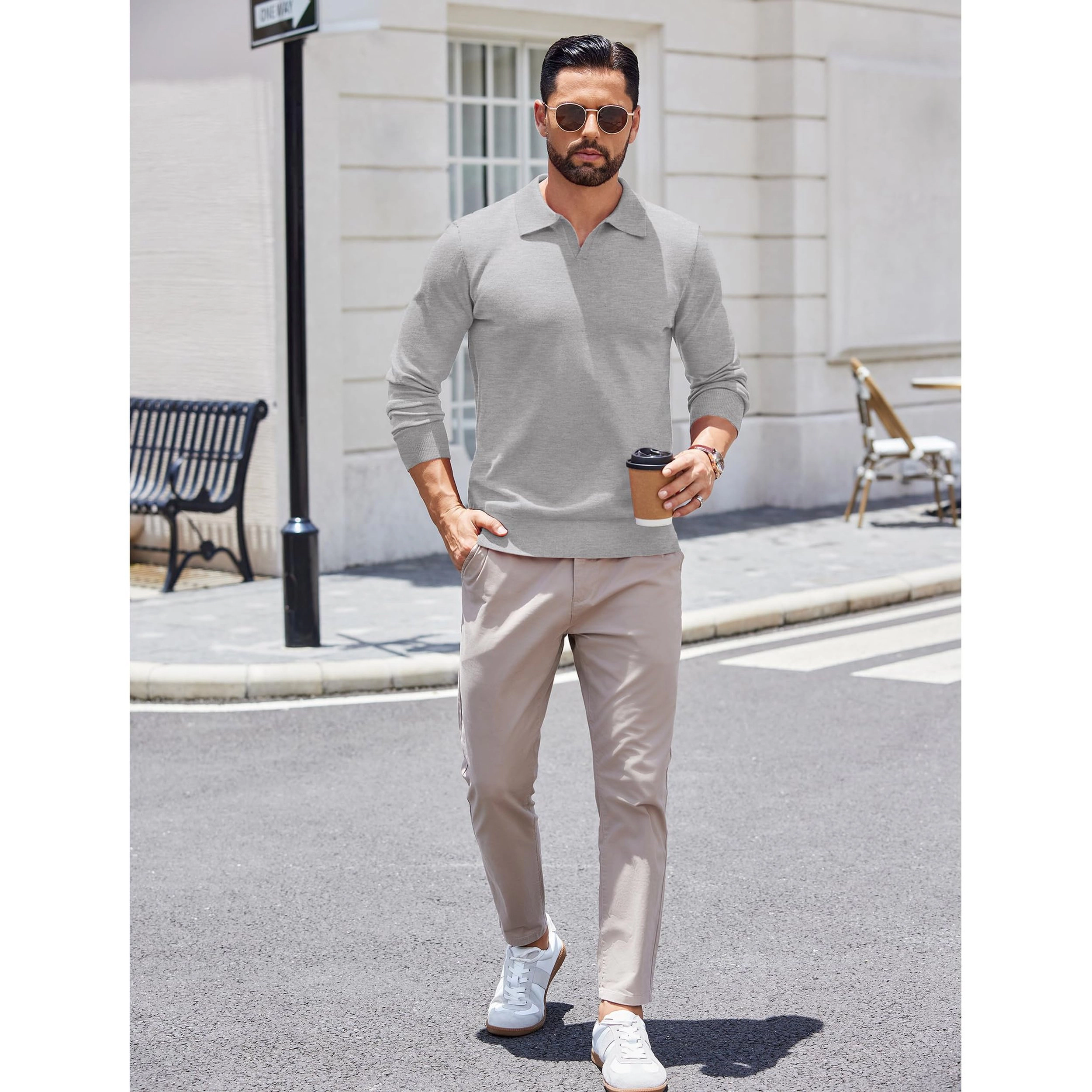 COOFANDY Long Sleeve Polo Sweater Fall V Neck Collared Casual Pullover Tops