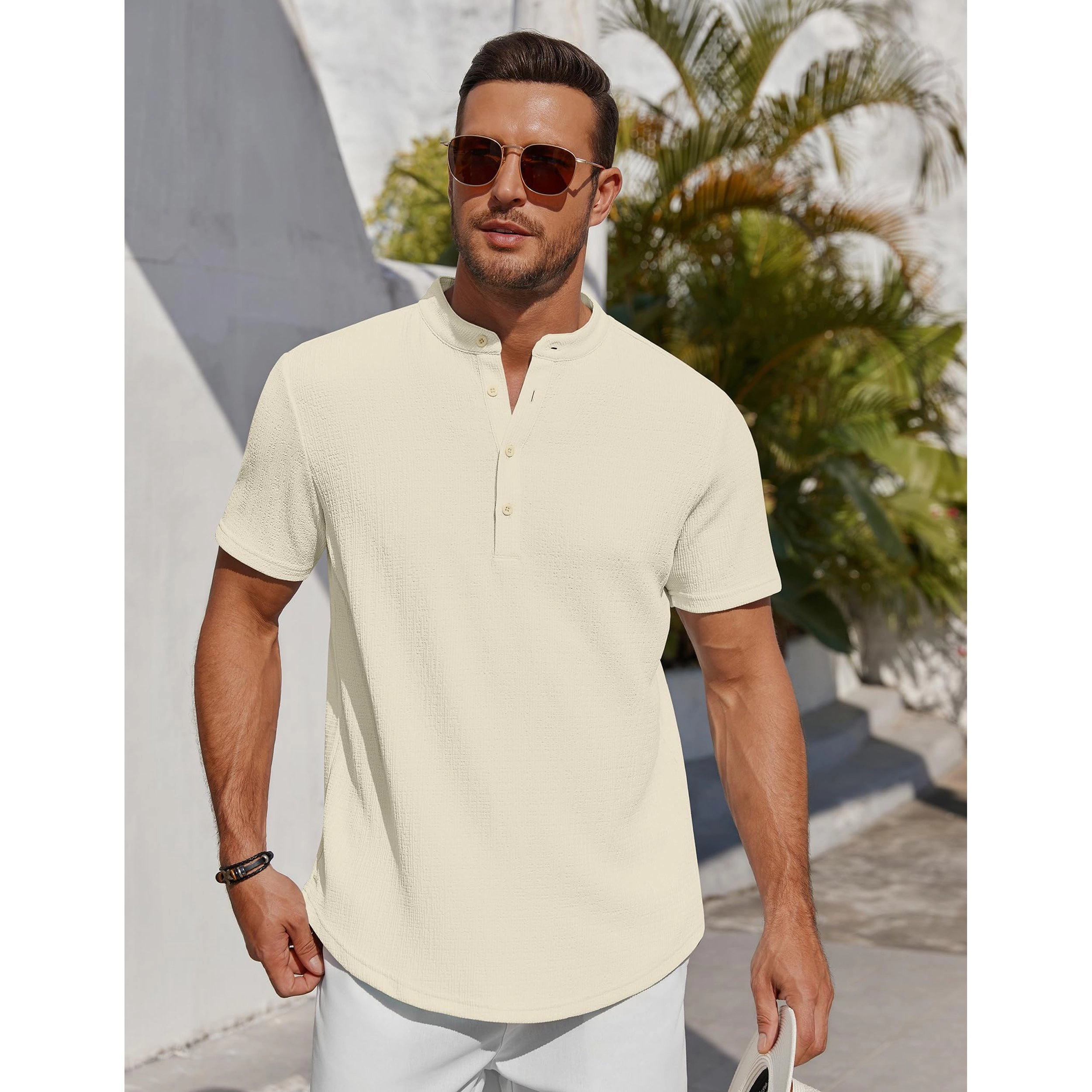 COOFANDY Men's Regular Fit Lightweight Textured Short Sleeve Henley Shirt