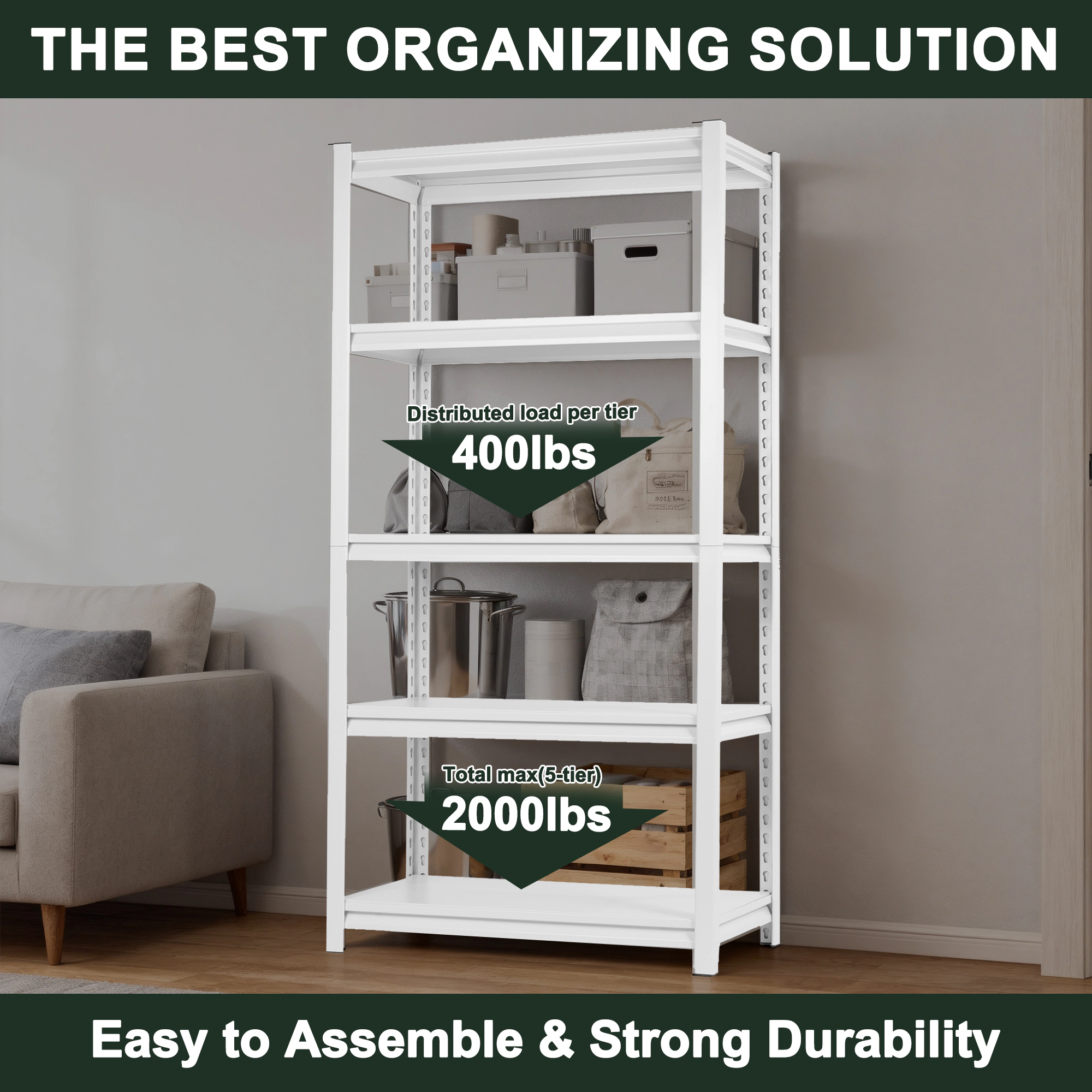 Flynama 5-Tier Heavy Duty Steel Freestanding Adjustable Storage Rack in White (31.5 in. W x 63 in. H x 15.7 in. D)