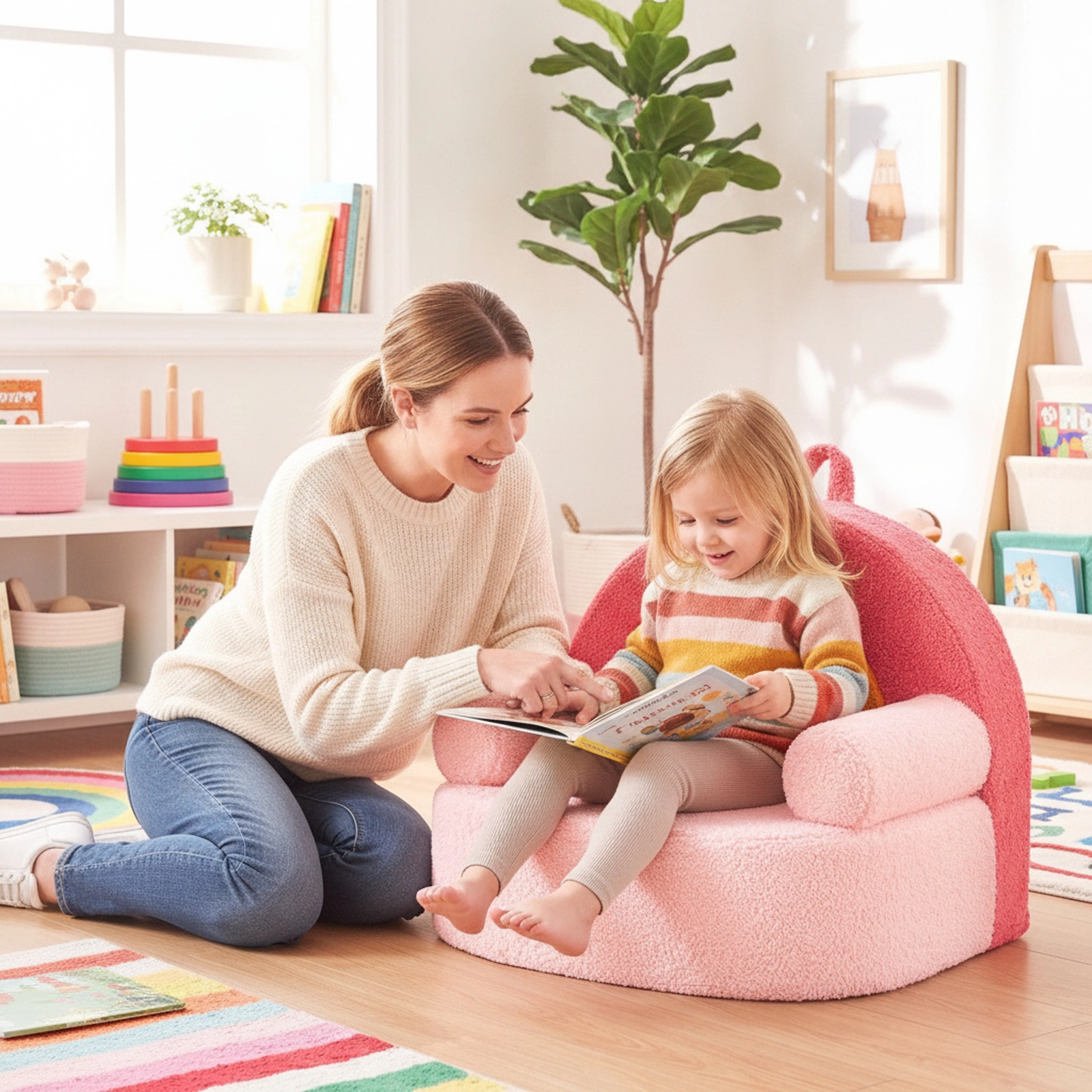 SUGIFT Red Teddy Fleece Toddler Foam Couch with Side Pocket and Washable Cover