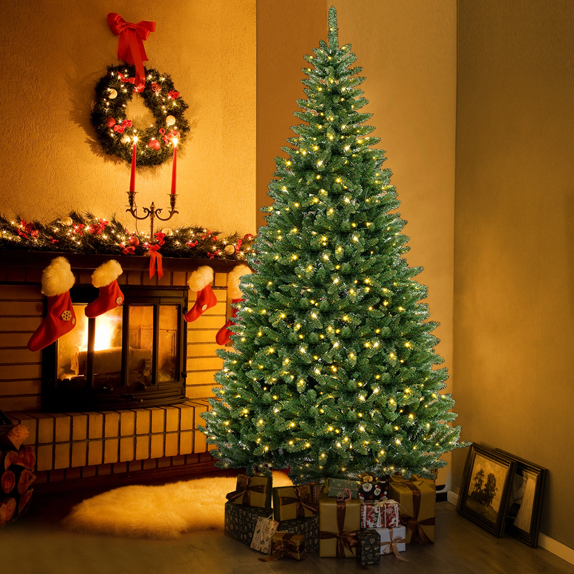 Costway 8 FT Pre-Lit Artificial Christmas Tree with 360 Warm White LED Lights Metal Stand