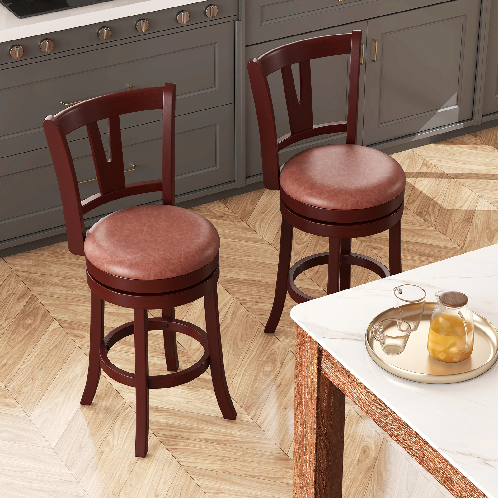 SUGIFT Set of 2 360° Swivel Counter Height Bar Stools with High Backs & Footrests 355-lb Capacity 26-in Seat Cappuccino