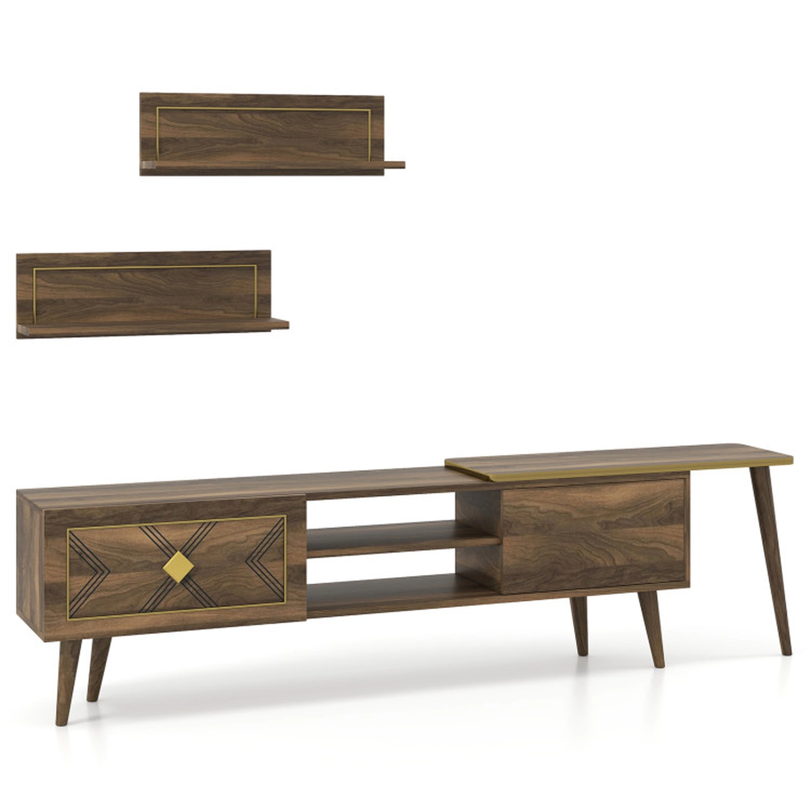 SUGIFT 75 in TV Stand Walnut Mid Century Media Console for TVs up to 85 in with 2 Wall Shelves