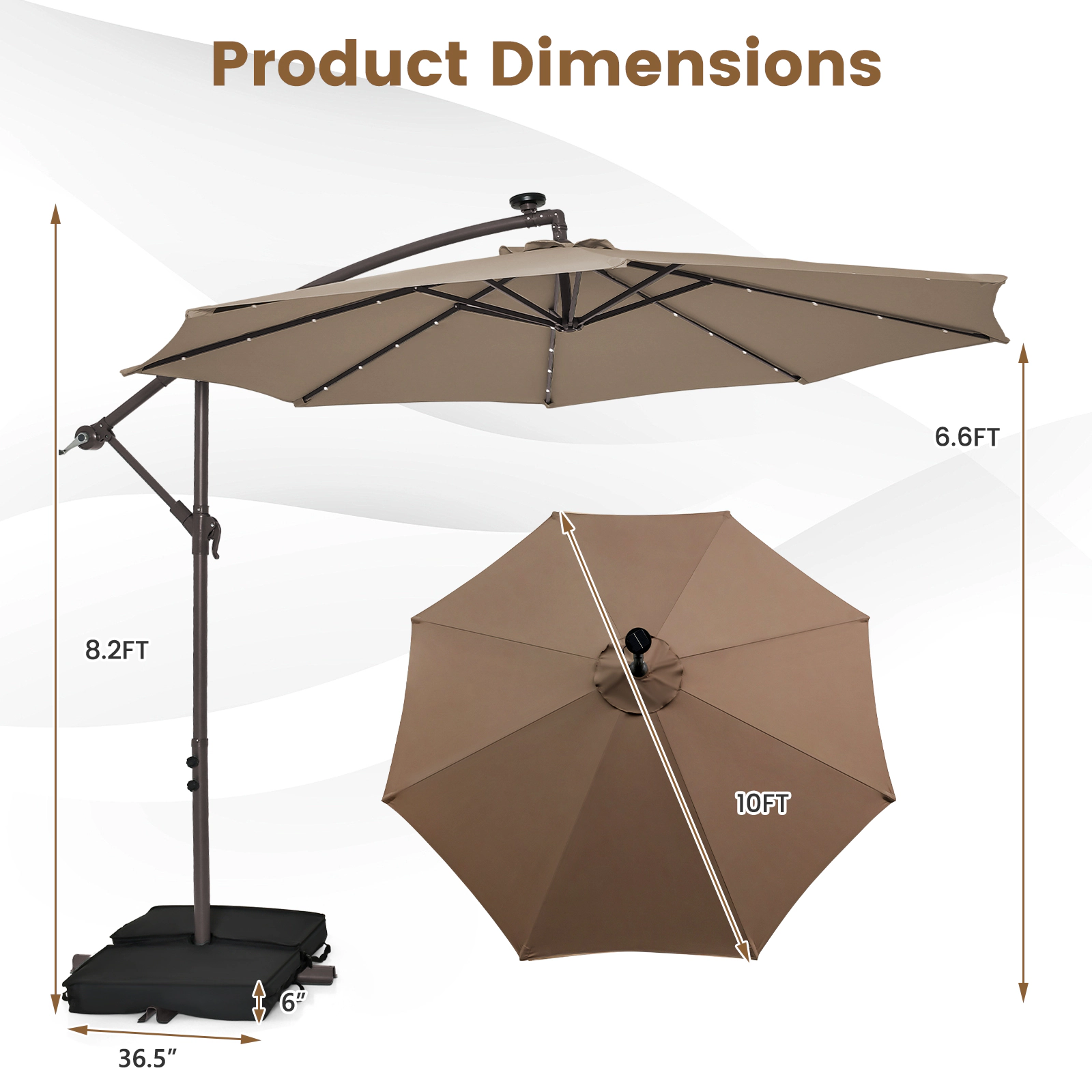 SUGIFT 10-ft Tan Solar LED Offset Cantilever Patio Umbrella with Crank Lift 90-Degree Tilt and Sand Base