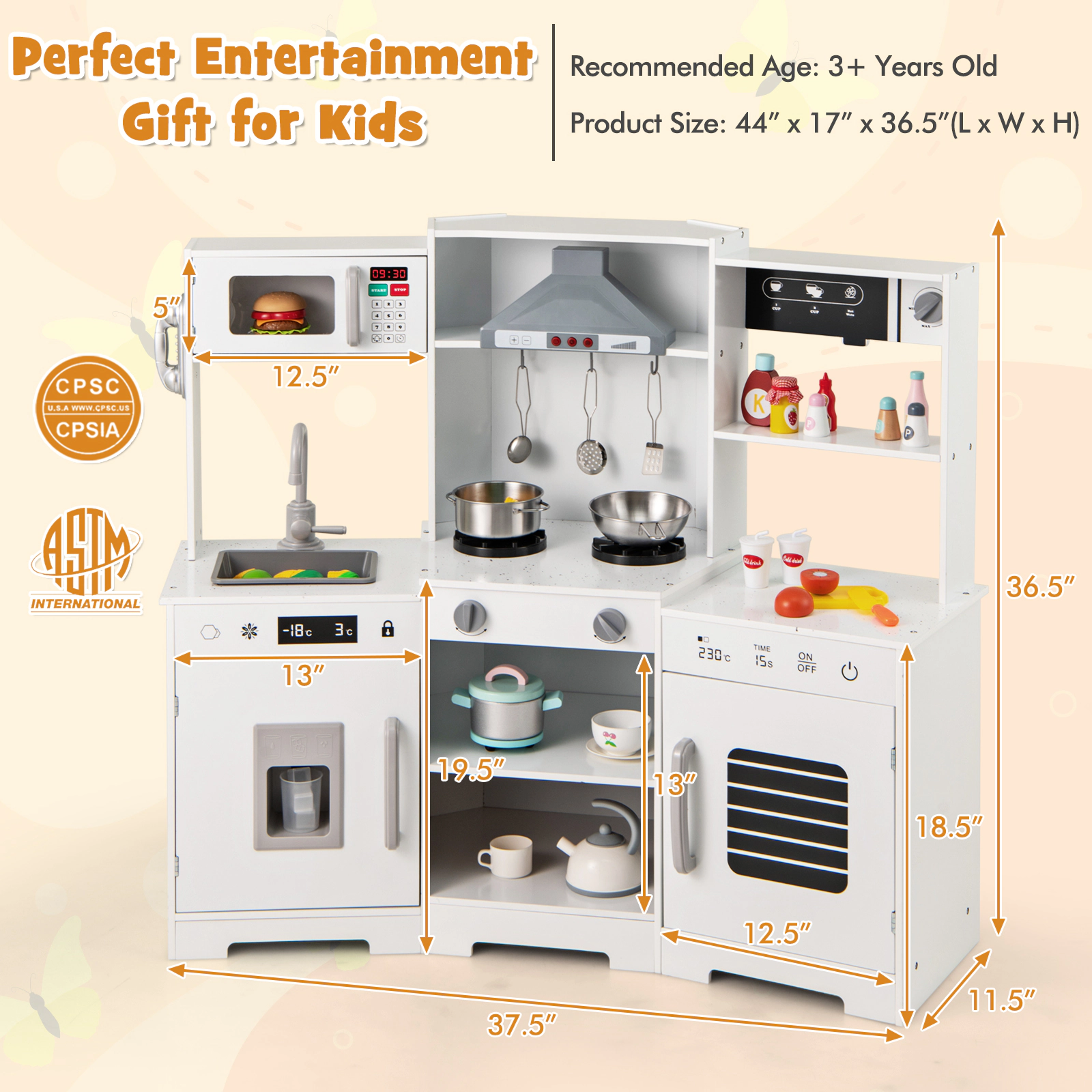 Pretend Play Kitchen Wooden Toy Set LED Range Hood Refrigerator Coffee Maker 17-in Counter 44-in x 17-in x 36.5-in White