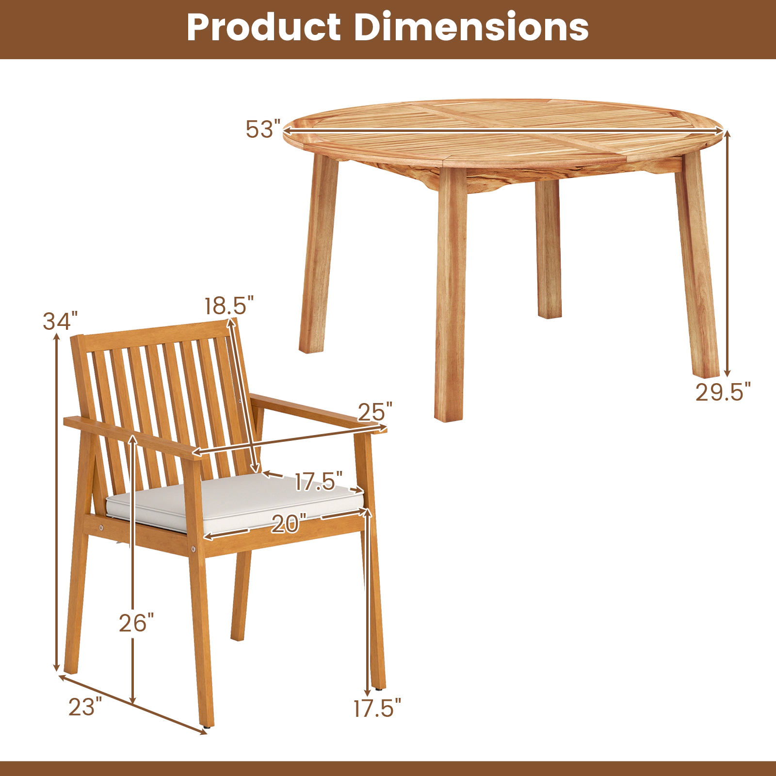 LJG 5 Pieces Acacia Wood Patio Dining Set with Umbrella Hole