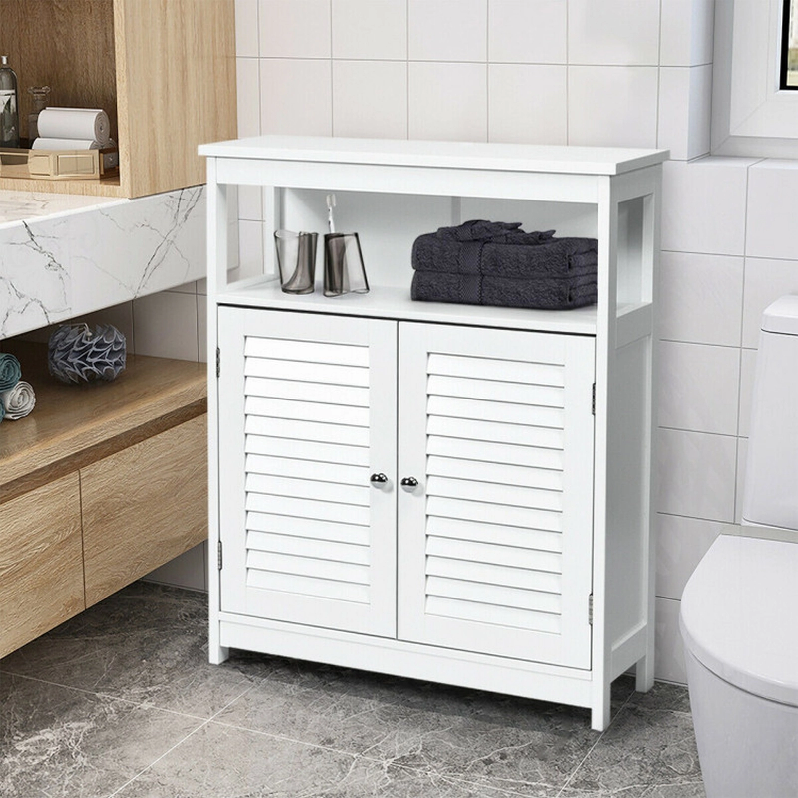 SUGIFT White 77-lb Top Capacity Double Shutter Door Freestanding Bathroom Storage Cabinet with Open Shelf