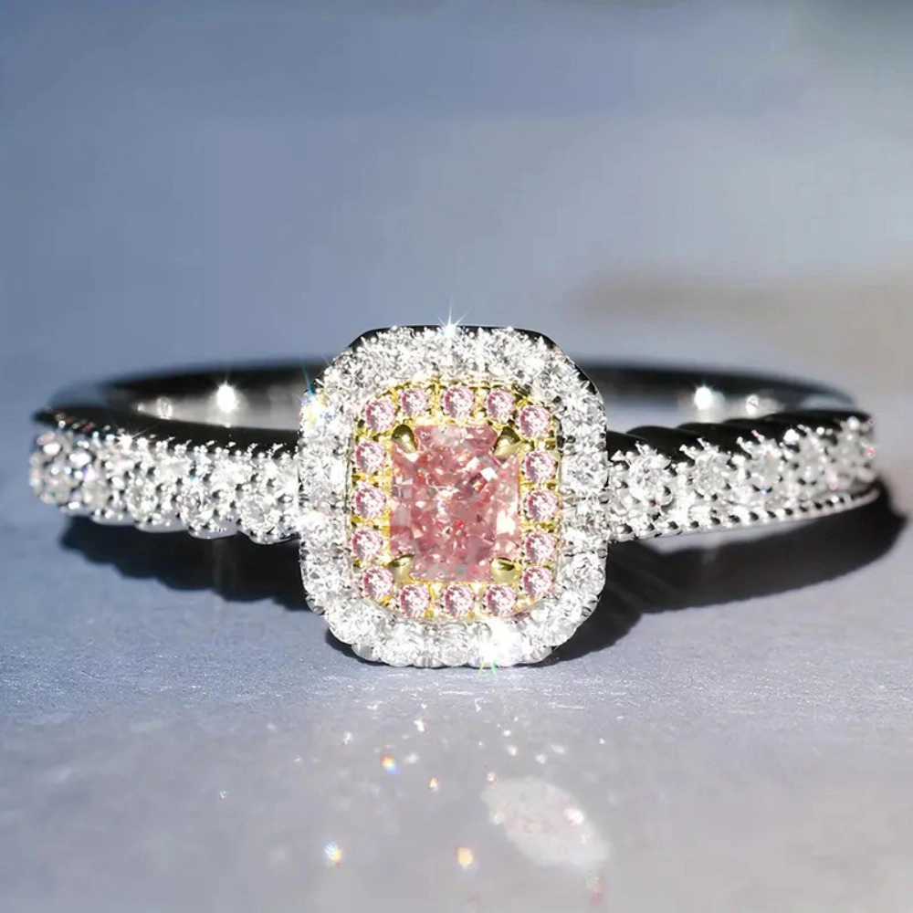 Women's Copper Ring with Square Pink Zircon Wedding Anniversary Party Jewelry