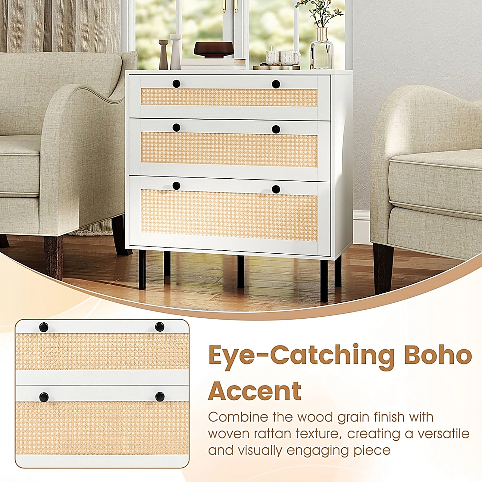 SUGIFT White Rattan 3-Drawer Dresser Nightstand, Boho Bedroom Chest