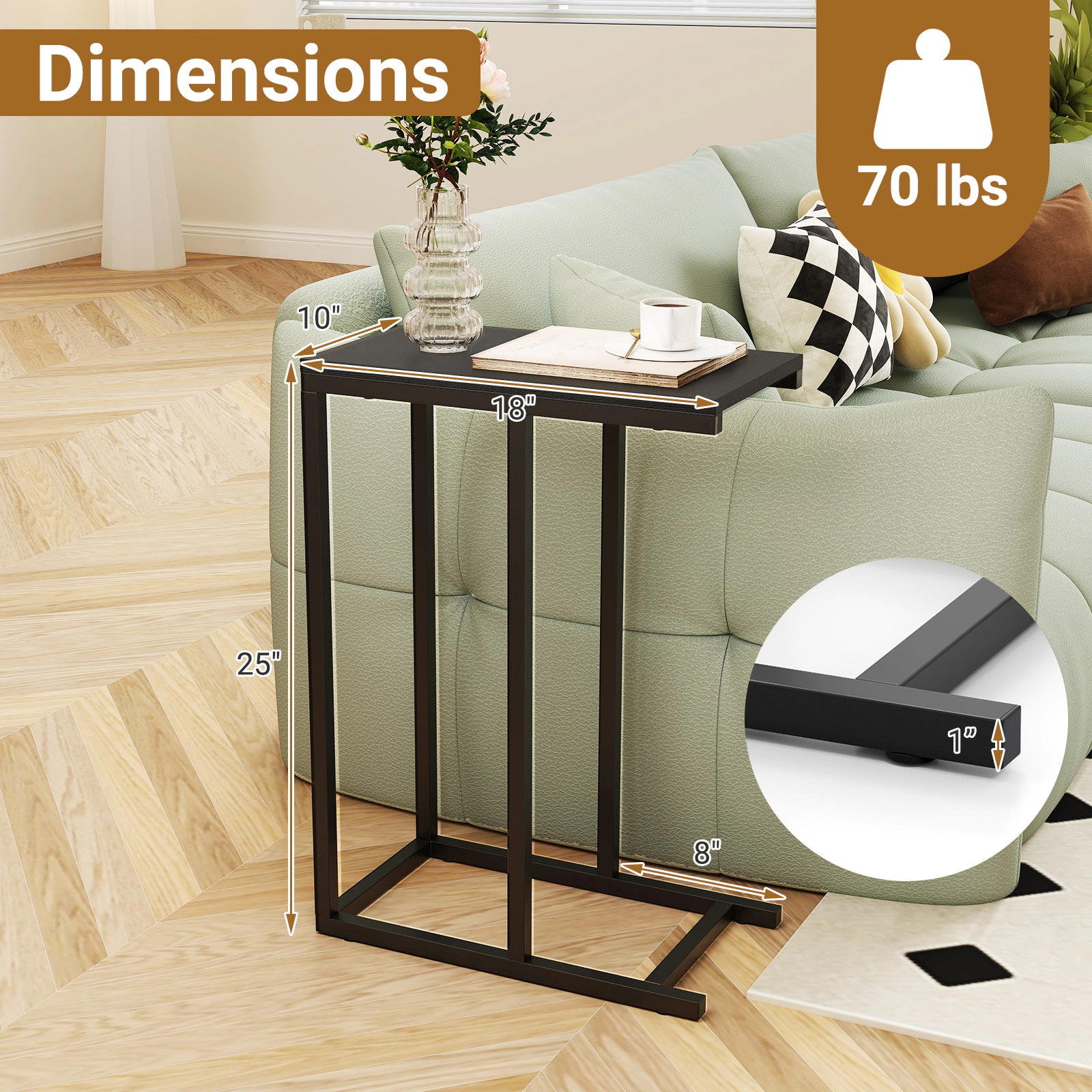 Slickblue Narrow C End Table with Wood Grain Top for Living Room Bedroom
