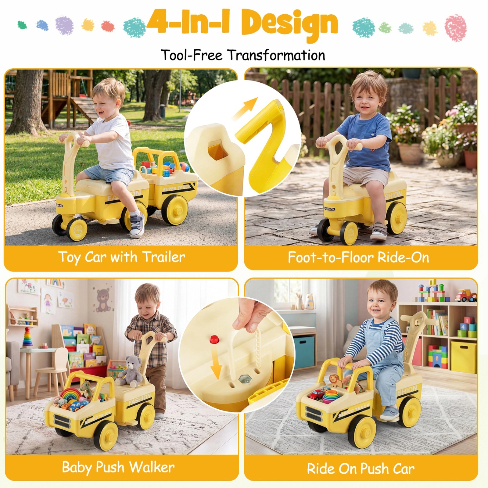 4-in-1 Kids Ride on Push Car Detachable Trailer 10 Songs Under Seat Storage Backrest Ages 1.5-5 45-lb Seat Load