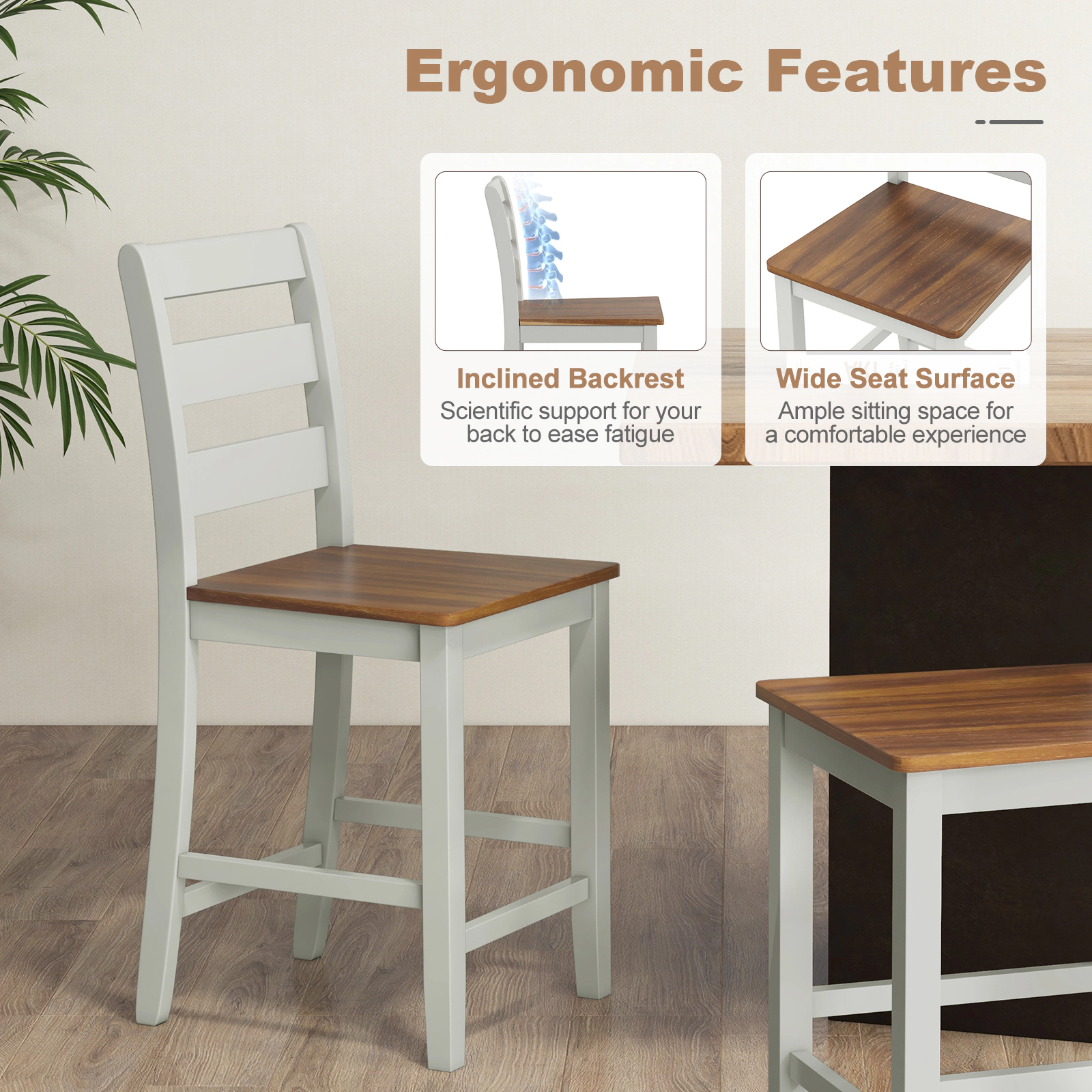 Glintex 2-Piece 24-Inch Counter Stool Set with Inclined Backrest, Gray & Walnut