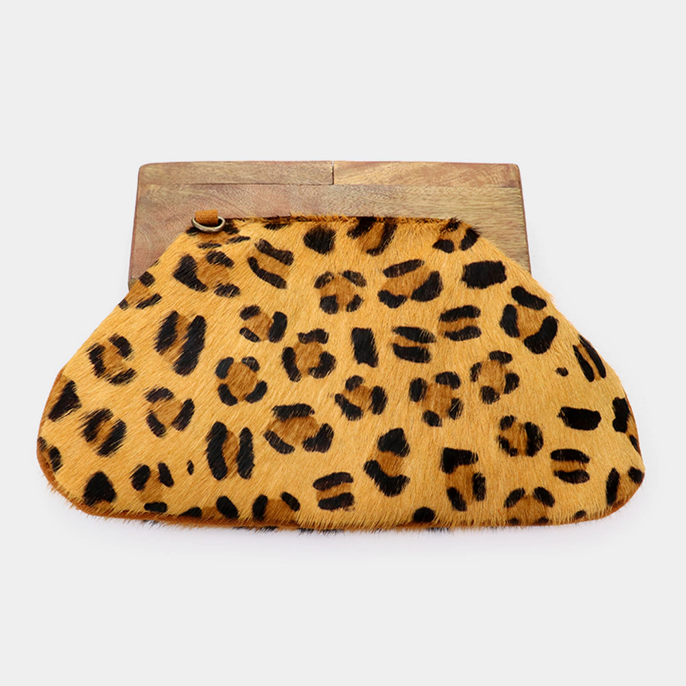 Fashnzfab Leopard Patterned Wood Closure Wide Clutch / Crossbody Bag