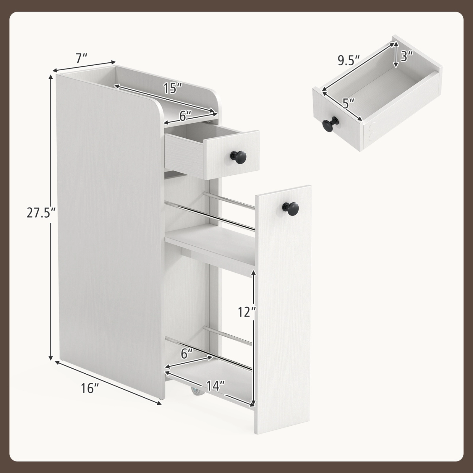 SUGIFT 4-Tier Slide Out Drawers Casters Narrow Bathroom Storage Cabinet 16-in x 7-in x 27.5-in 66-lb Capacity White