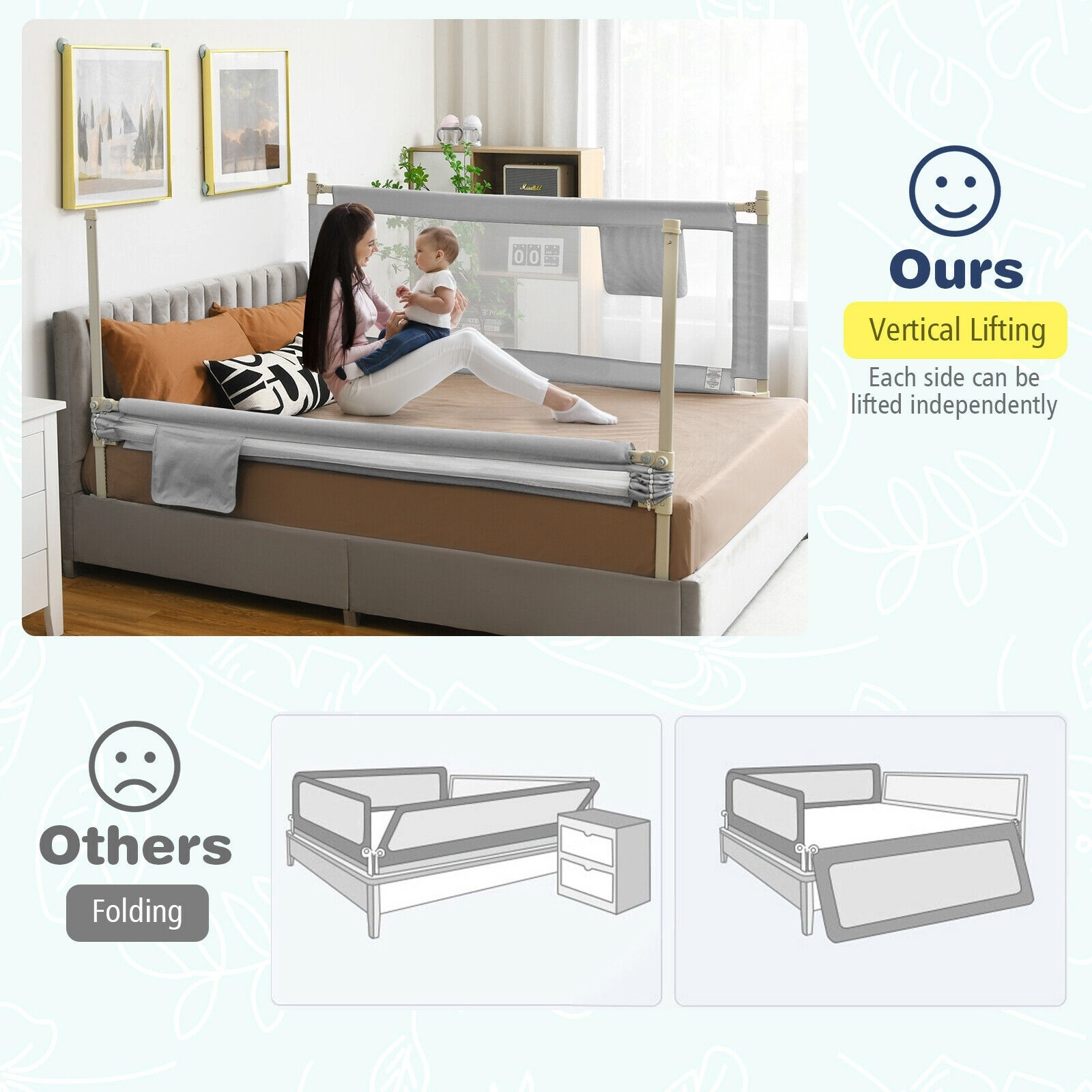 SUGIFT Adjustable Toddler Bed Rail with Anti-Collision Cotton Padding and Side Pocket 69.5-in Blue