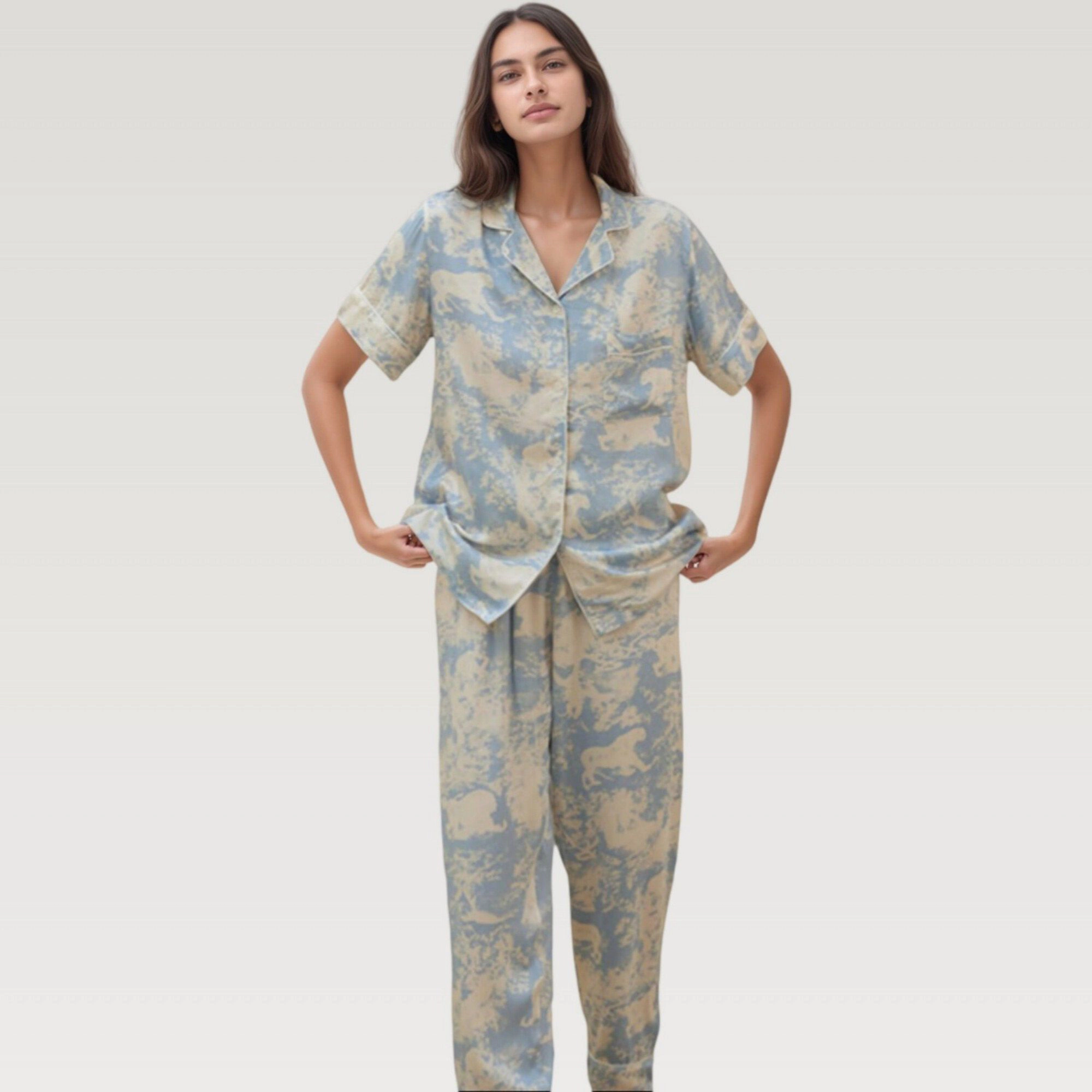 Anna-Kaci Women's Satin Pajama Set with Short Sleeve Button Up Top and Abstract Animal Print Relaxed Pants