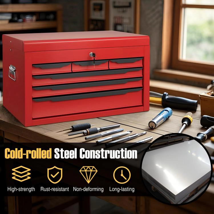 SUGIFT 6-Drawer Lockable Top Compartment Steel Tool Chest Case 24-in x 10.5-in x 14-in 120-lb Capacity Red