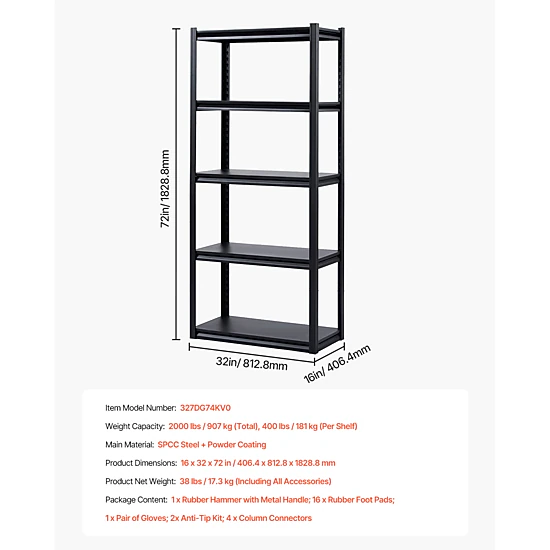 Flynama Storage Shelves 16Inches D x 32Inches W x 72Inches H 5-tier Garage Storage Shelving