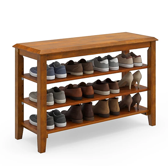 Glintex 3-Tier Rubber Wood Shoe Bench with Adjustable Shelves and 300-Lb Seat, Brown