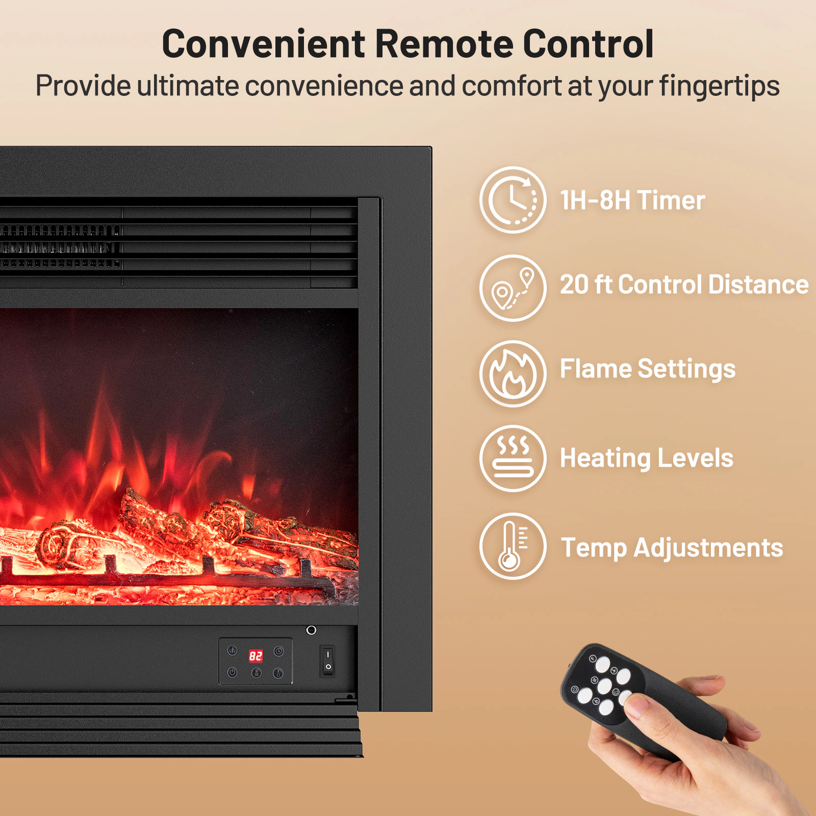 SUGIFT 33-in Electric Fireplace Insert 750W/1500W Recessed Heater 5000 BTU Adjustable Thermostat Black