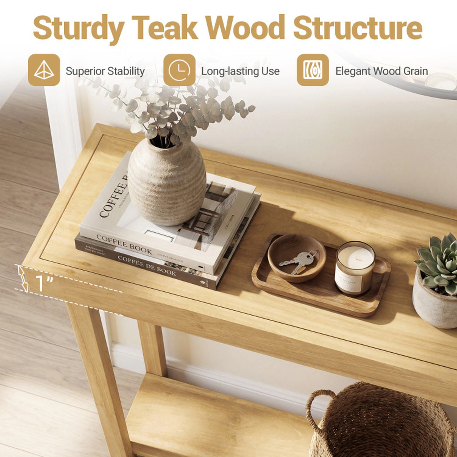 SUGIFT 46-in Teak Wood 2-Tier Console Table 66-lb Tabletop Capacity 22-lb Shelf Capacity Narrow Sofa Table Natural