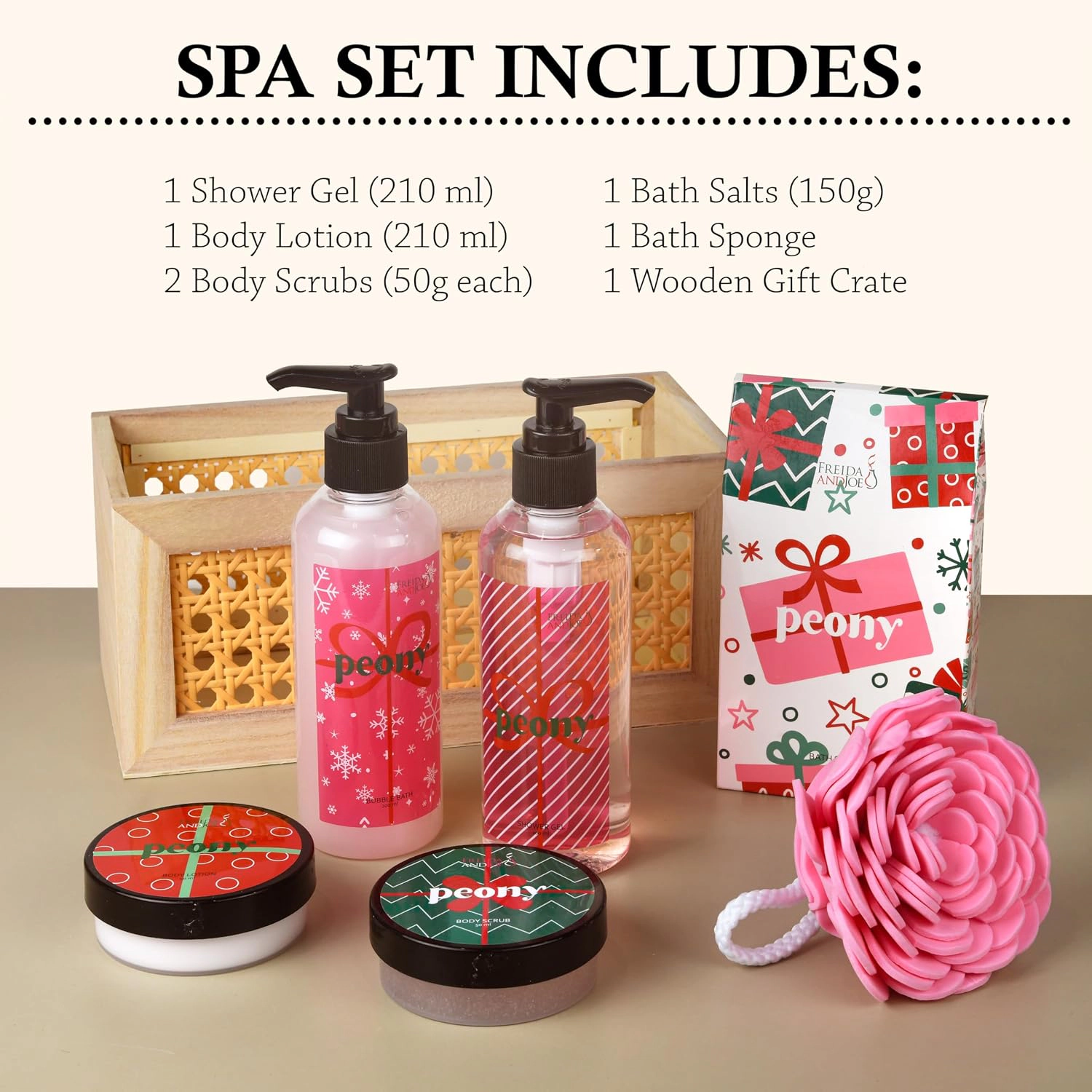 Freida and Joe  Women Pink Peony Bath & Body Spa Gift Set In Natural Wood Basket
